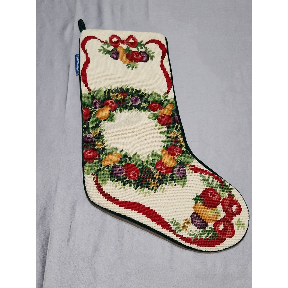 Williamsburg Needlepoint Christmas Stocking Fruit Wreath Green Velvet Back 17in